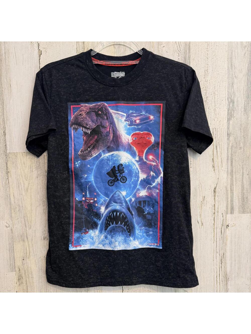 Universal Studios Men's XS Movie Mashup Tee Jurassic Park Jaws ET Back to Future